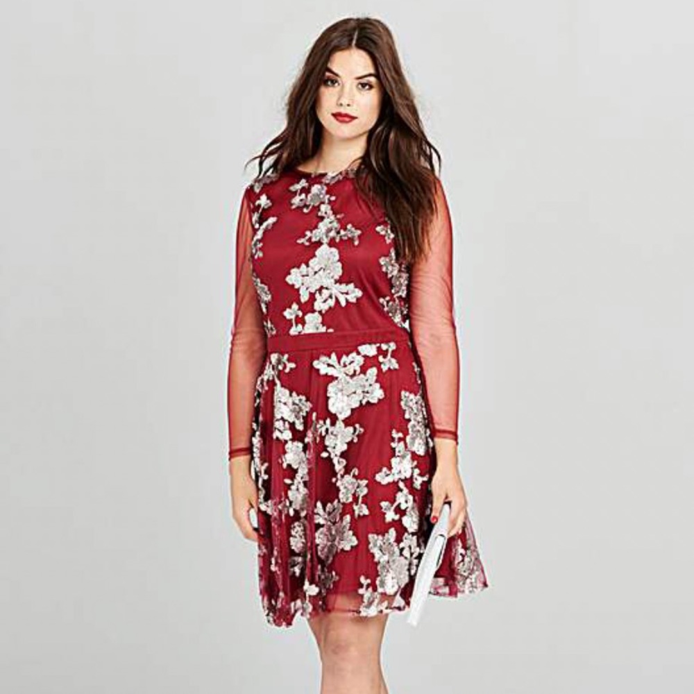Simply Be Red Sequin Skater Dress w/ Mesh Sleeve
